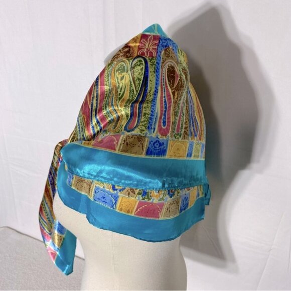 5/$25 Jiaying Blue Yellow Satin Abstract Print Square Scarf - Picture 4 of 16